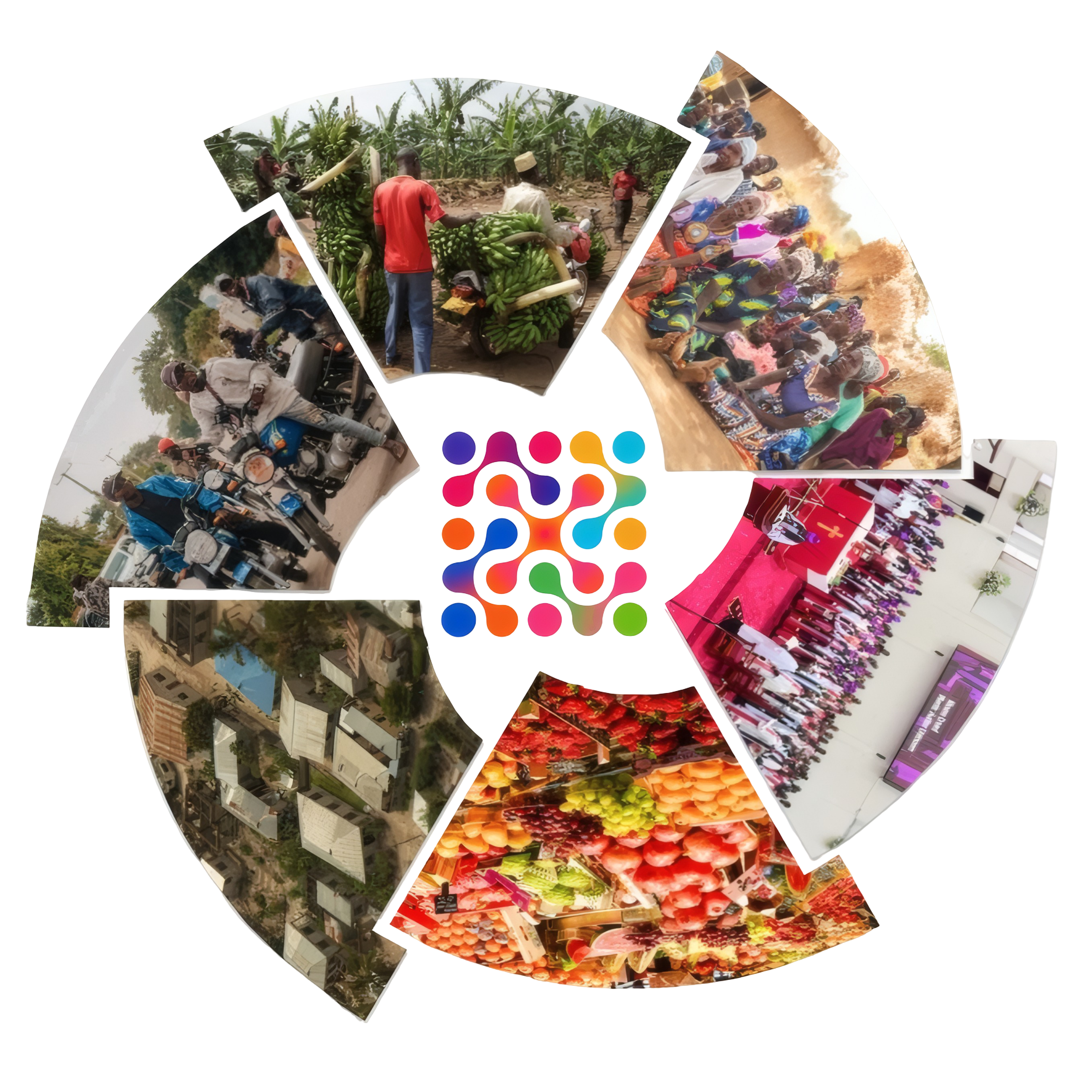 A wheel of photographs of the communities and places at the centre of our work